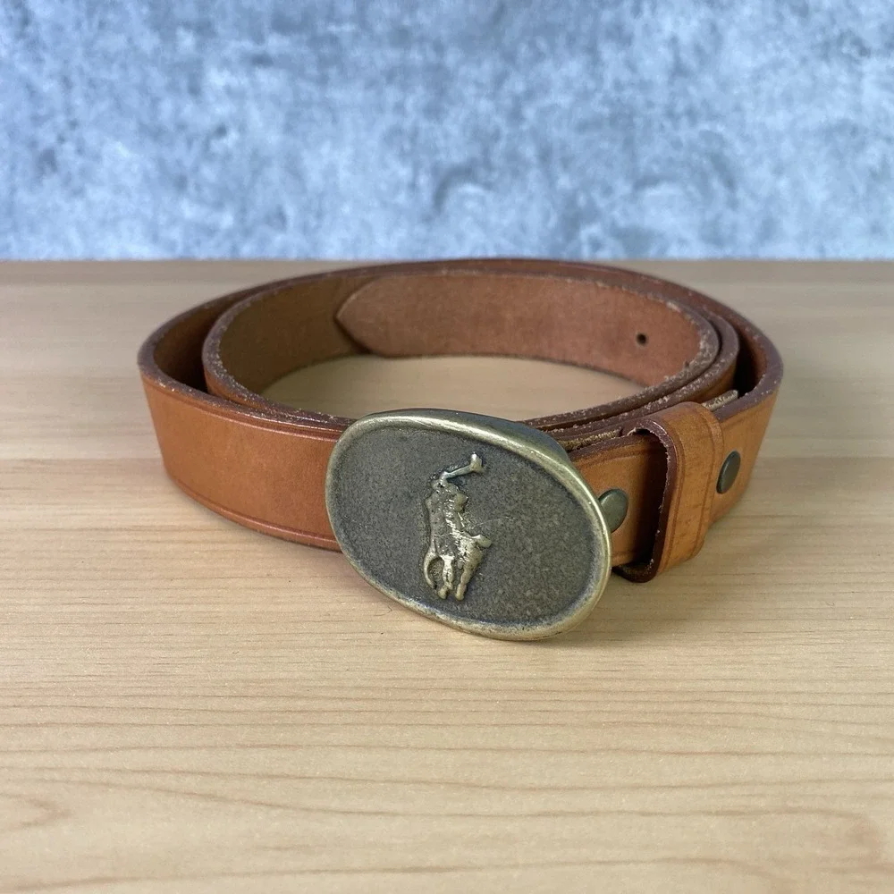 Vintage Polo Ralph Lauren Belt‎ Mens Size 36 Brown Leather Brass Pony Buckle 70s